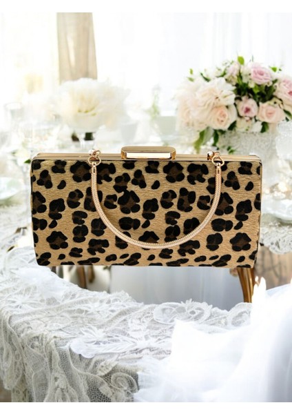 Tüylü Ithal Leopar Desenli Abiye Çanta Gece Çantası Düğün Nişan Mezuniyet