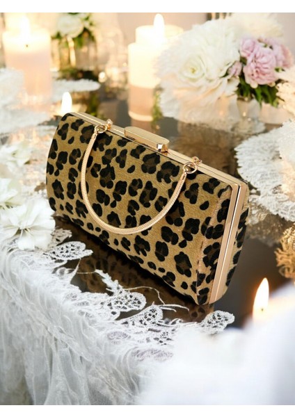 Tüylü Ithal Leopar Desenli Abiye Çanta Gece Çantası Düğün Nişan Mezuniyet