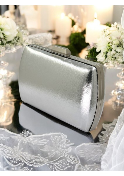 Gümüş Gri Lame Kırışık Cilt Deri Metalik Renk Zincir Askılı Abiye Çanta Düğün Nişan Mezuniyet