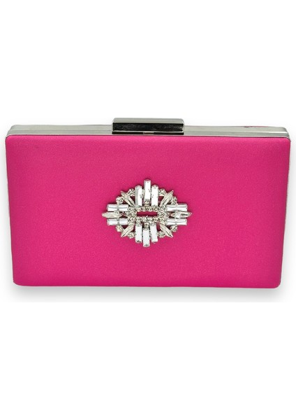 Pembe Renk Çizilmeyen Saten Gümüş Taşlı Abiye Çanta Düğün Nişan Çantası