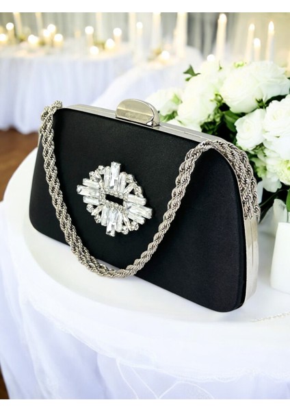 Özel Tasarım Siyah Renk Saten Zincir Saplı Gümüş Kristal Taşlı Saplı Kulplu Kadın Abiye Çanta