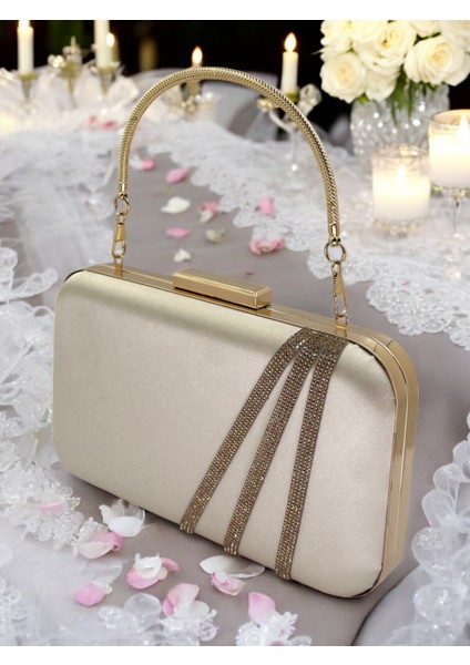 Ten Renk Saten Rosegold Taşlı Abiye Çanta Gece Çantası Nişan Düğün Çantası