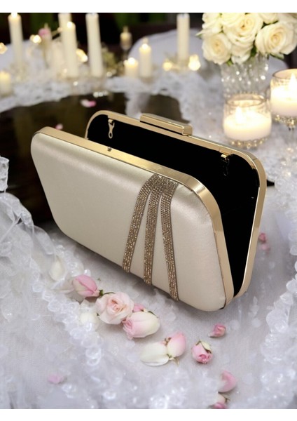 Ten Renk Saten Rosegold Taşlı Abiye Çanta Gece Çantası Nişan Düğün Çantası modelleri