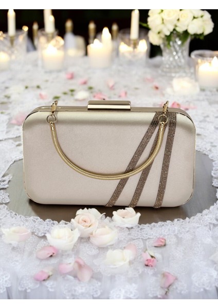 Ten Renk Saten Rosegold Taşlı Abiye Çanta Gece Çantası Nişan Düğün Çantası