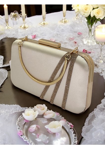 Ten Renk Saten Rosegold Taşlı Abiye Çanta Gece Çantası Nişan Düğün Çantası