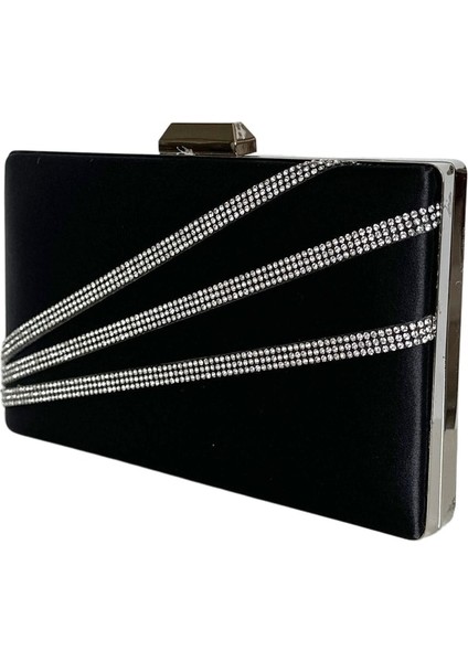 Siyah Renk Saten Gümüş Kasalı Gümüş Taşlı Abiye Çanta Gece Çantası Düğün Nişan Portföy modelleri