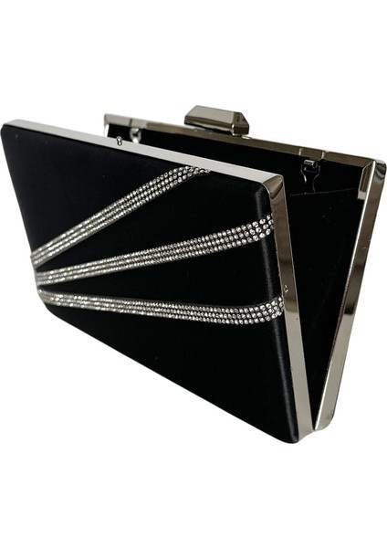 Siyah Renk Saten Gümüş Kasalı Gümüş Taşlı Abiye Çanta Gece Çantası Düğün Nişan Portföy fırsatları