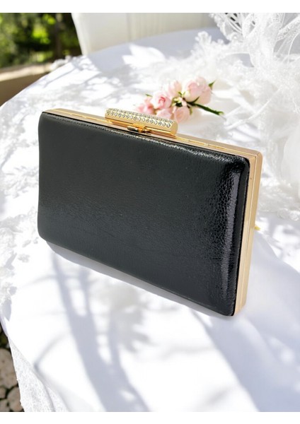 Yeni Model Siyah Renk Parlak Desenli Zincir Askılı Kadın Abiye Çanta Düğün Nişan Mezuniyet