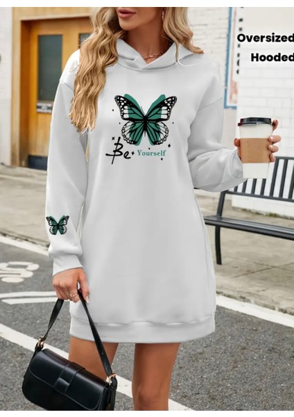 Büyük Beden Özel Tasarım Kapüşonlu Kelebek Be Yourself Baskılı Kışlık Trend Kadın Hoodie Elbise