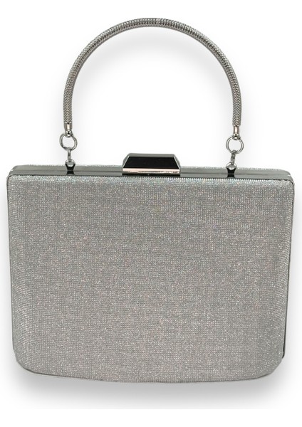 Gümüş Gri Lame Renk Lazer Desen Büyük Boy Metal Saplı Zincir Askılı Abiye Çanta