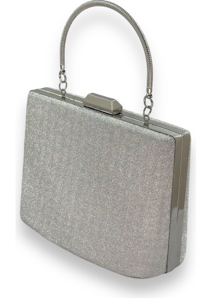 Gümüş Gri Lame Renk Lazer Desen Büyük Boy Metal Saplı Zincir Askılı Abiye Çanta fiyatları