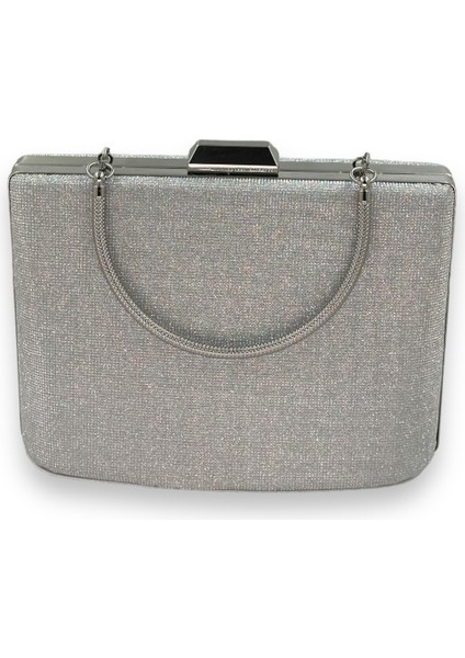 Gümüş Gri Lame Renk Lazer Desen Büyük Boy Metal Saplı Zincir Askılı Abiye Çanta