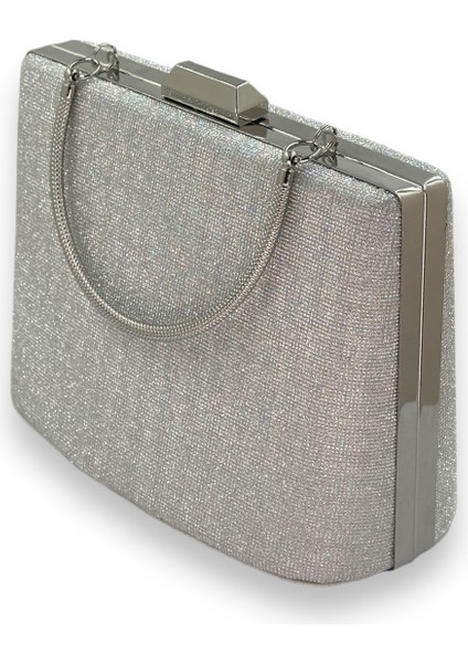 Gümüş Gri Lame Renk Lazer Desen Büyük Boy Metal Saplı Zincir Askılı Abiye Çanta