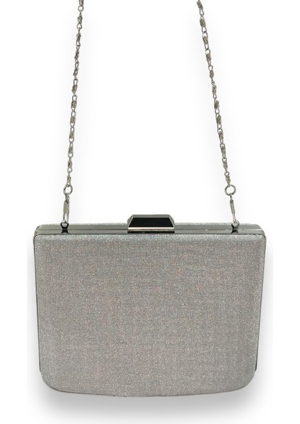 Gümüş Gri Lame Renk Lazer Desen Büyük Boy Metal Saplı Zincir Askılı Abiye Çanta