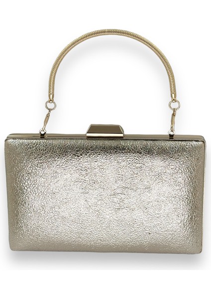 Altın Gold Kristal Desenli Mat Deri Metal Saplı Abiye Çanta Gece Çantası Kına Düğün Nişan Çantası