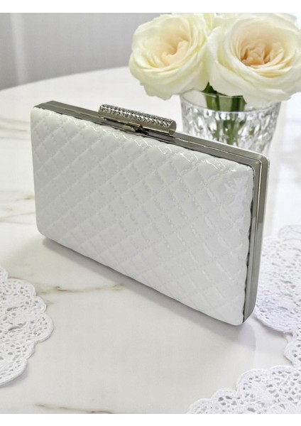 Beyaz Lüks Rugan Kapitone Desenli Kadın Abye Çanta Düğün Nişan Mezuniyet