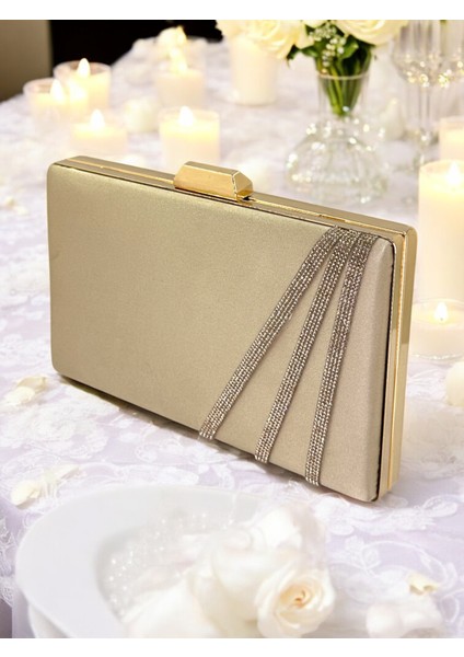 Ten Renk Saten Çapraz Altın Kristal Taşlı Kadın Abiye Çanta Düğün Nişan Mezuniyet