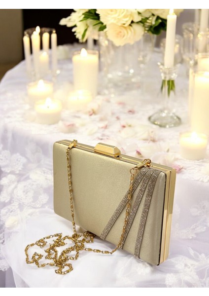 Ten Renk Saten Çapraz Altın Kristal Taşlı Kadın Abiye Çanta Düğün Nişan Mezuniyet