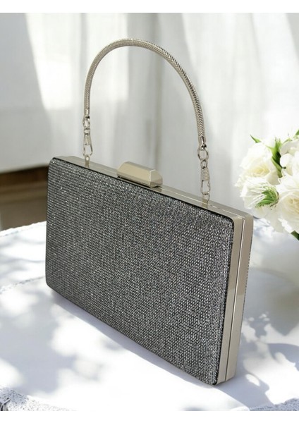 Platin Renk Simli Metal Saplı Kadın Abiye Çanta Düğün Nişan Mezuniyet