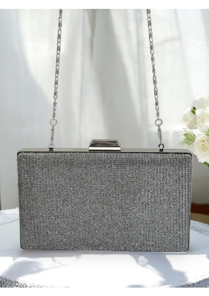 Platin Renk Simli Metal Saplı Kadın Abiye Çanta Düğün Nişan Mezuniyet fırsatları