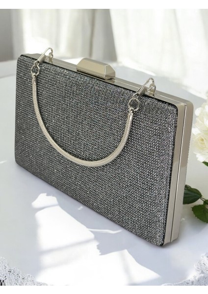 Platin Renk Simli Metal Saplı Kadın Abiye Çanta Düğün Nişan Mezuniyet