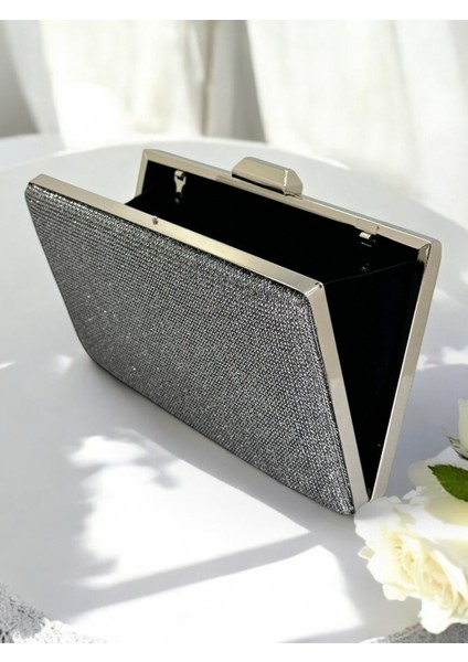 Platin Renk Simli Metal Saplı Kadın Abiye Çanta Düğün Nişan Mezuniyet