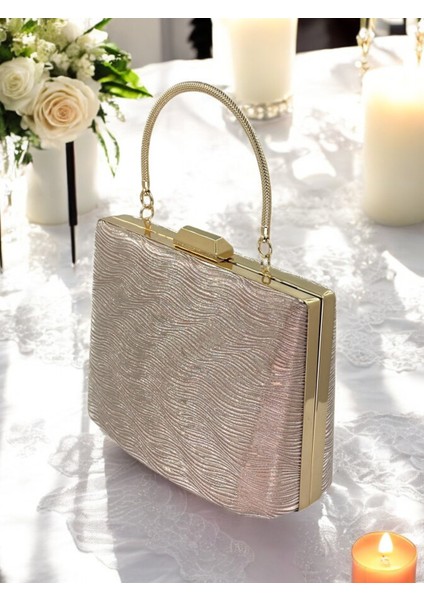 Rosegold Renk Lazer Desen Büyük Boy Metal Saplı Zincir Askılı Abiye Çanta
