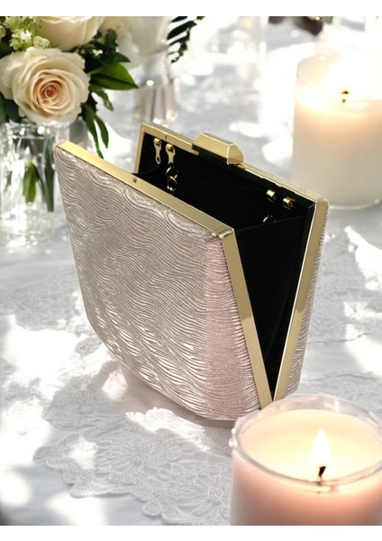 Rosegold Renk Lazer Desen Büyük Boy Metal Saplı Zincir Askılı Abiye Çanta