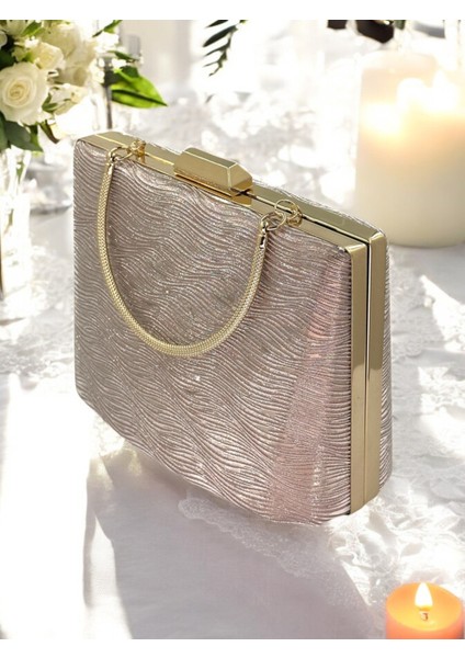 Rosegold Renk Lazer Desen Büyük Boy Metal Saplı Zincir Askılı Abiye Çanta