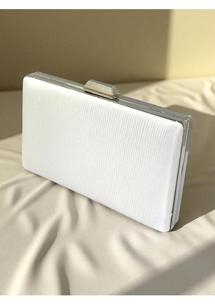 Ekru Renk Suyolu Desenli Saten Kadın Abiye Çanta Düğün Nişan Mezuniyet