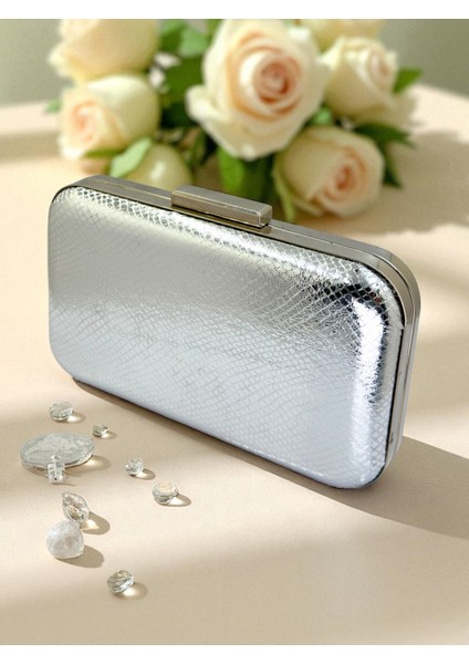 Gümüş Gri Lame Renk Yılan Desenli Parlak Deri Kadın Abiye Çanta Düğün Nişan Mezuniyet