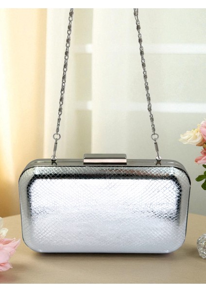 Gümüş Gri Lame Renk Yılan Desenli Parlak Deri Kadın Abiye Çanta Düğün Nişan Mezuniyet fırsatları