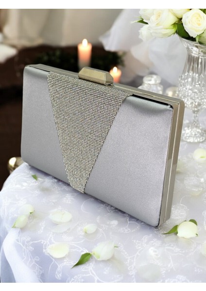 Gri Saten Platin Taşlı Abiye Çanta Gece Çantası Nişan Düğün Çantası
