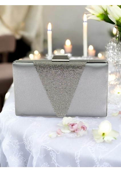 Gri Saten Platin Taşlı Abiye Çanta Gece Çantası Nişan Düğün Çantası fiyatları