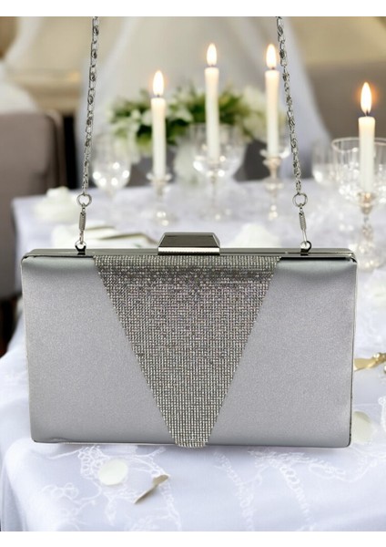 Gri Saten Platin Taşlı Abiye Çanta Gece Çantası Nişan Düğün Çantası modelleri