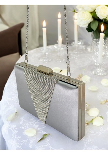Gri Saten Platin Taşlı Abiye Çanta Gece Çantası Nişan Düğün Çantası fırsatları
