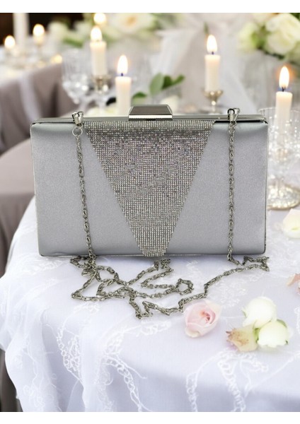 Gri Saten Platin Taşlı Abiye Çanta Gece Çantası Nişan Düğün Çantası indirimleri