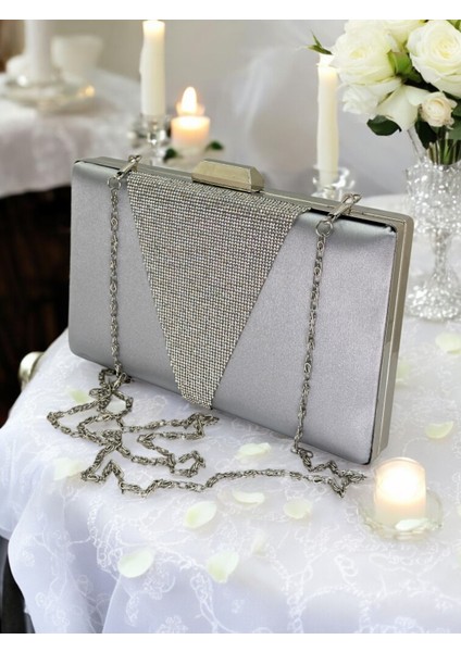 Gri Saten Platin Taşlı Abiye Çanta Gece Çantası Nişan Düğün Çantası