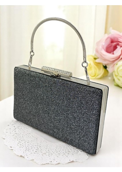 Platin Renk Simleri Dökülmeyen Ithal Kumsim Metal Saplı Kadın Abiye Çanta Düğün Nişan Mezuniyet