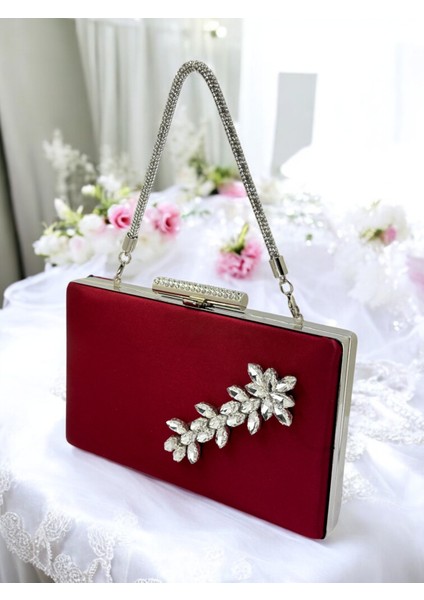 Bordo Kristal Taşlı Saten Taş Saplı Kadın Gece Çantası Abiye Çanta Düğün Nişan Mezuniyet