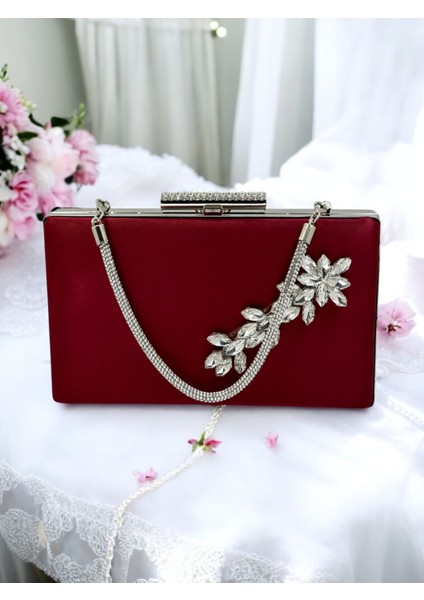 Bordo Kristal Taşlı Saten Taş Saplı Kadın Gece Çantası Abiye Çanta Düğün Nişan Mezuniyet