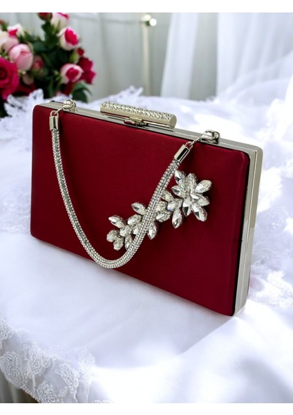 Bordo Kristal Taşlı Saten Taş Saplı Kadın Gece Çantası Abiye Çanta Düğün Nişan Mezuniyet