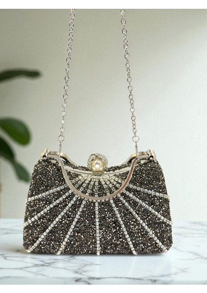 Platin Renk Taşlı Gümüş Detaylı Zincir Askılı Kadın Abiye Mezuniyet Kına Nişan Balo Çantası indirimleri