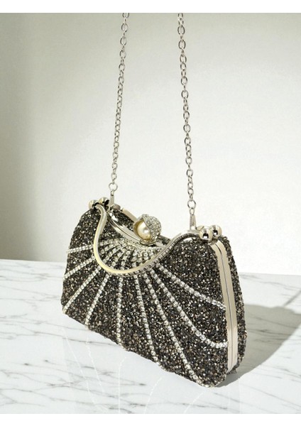 Platin Renk Taşlı Gümüş Detaylı Zincir Askılı Kadın Abiye Mezuniyet Kına Nişan Balo Çantası