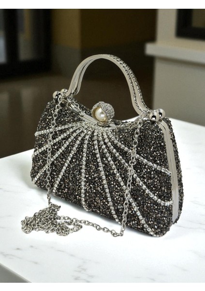 Platin Renk Taşlı Gümüş Detaylı Zincir Askılı Kadın Abiye Mezuniyet Kına Nişan Balo Çantası