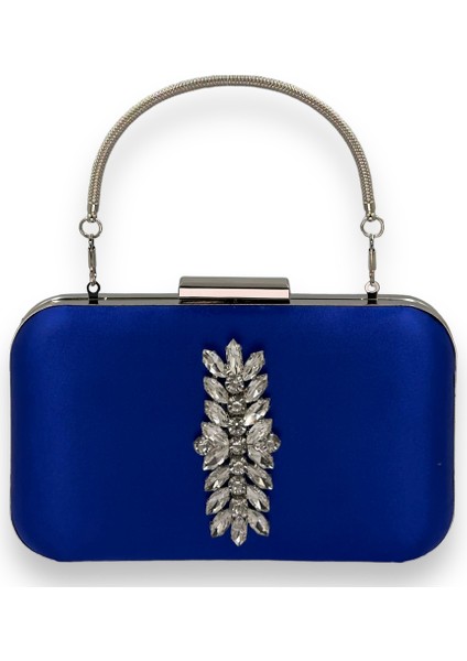 Saks Mavi Renk Saten Gümüş Kasalı Gümüş Taşlı Kulplu Saplı Abiye Gece Çantası Düğün Portföy