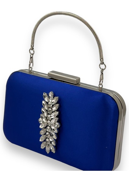 Saks Mavi Renk Saten Gümüş Kasalı Gümüş Taşlı Kulplu Saplı Abiye Gece Çantası Düğün Portföy fiyatları