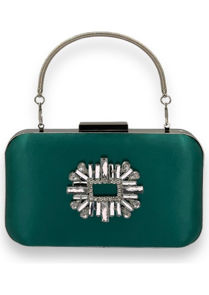 Yeşil Renk Saten Gümüş Kasalı Gümüş Taşlı Kulplu Saplı Abiye Gece Çantası Düğün Portföy