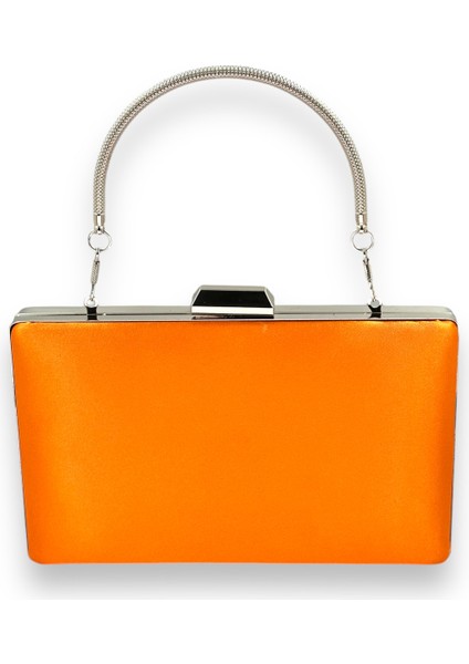 Turuncu Renk Saten Gümüş Kasalı Gümüş Taşlı Abiye Çanta Gece Çantası Düğün Nişan Portföy