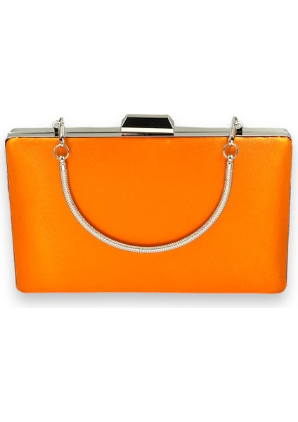 Turuncu Renk Saten Gümüş Kasalı Gümüş Taşlı Abiye Çanta Gece Çantası Düğün Nişan Portföy fırsatları